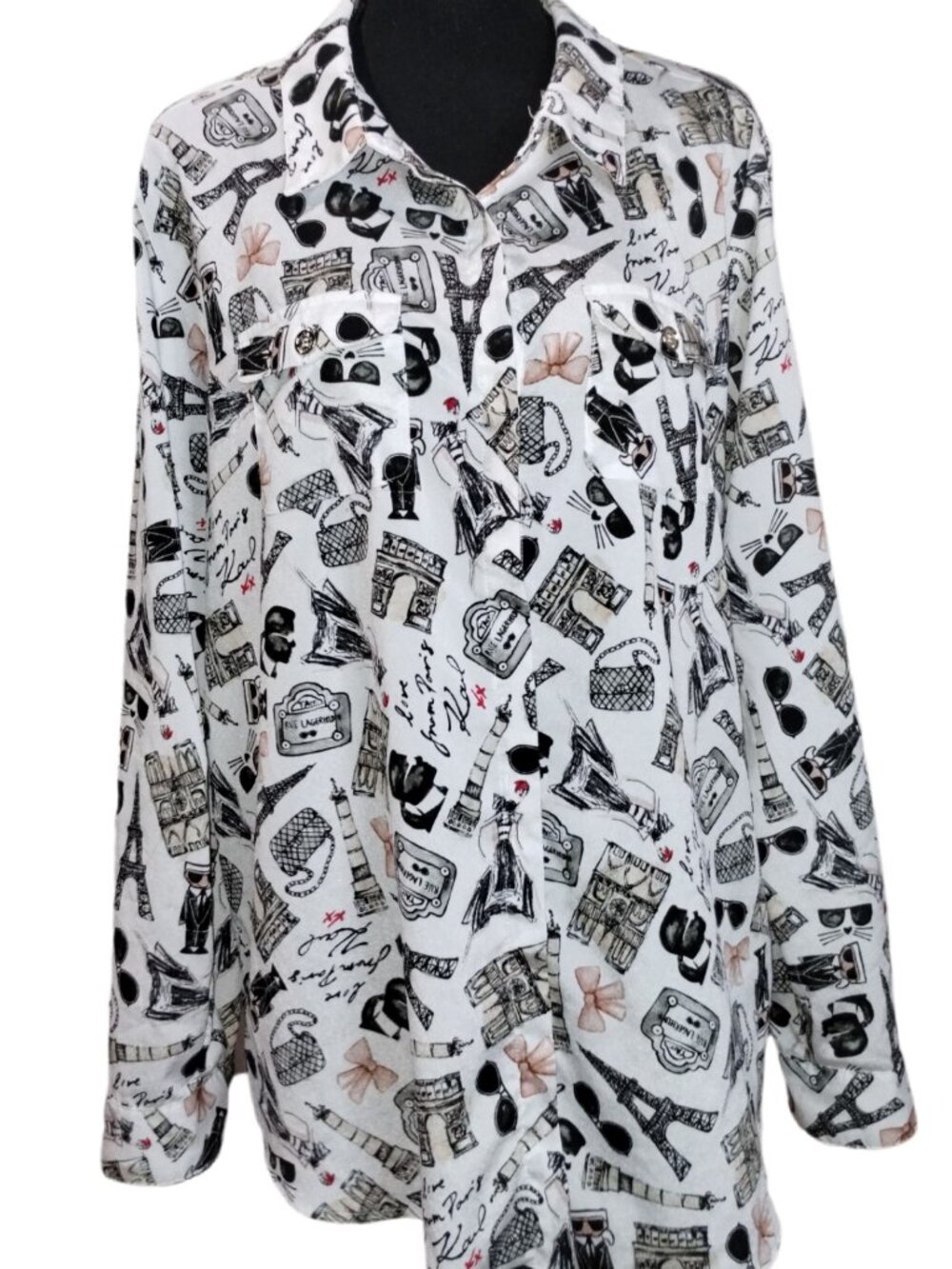 Karl Lagerfeld, Women's Paris Eiffel Tower Print Button Down Shirt, XL